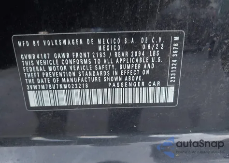 2022 Volkswagen Jetta Se z USA, uszkodzony, nr VIN 3VW7M7BU7NM022218